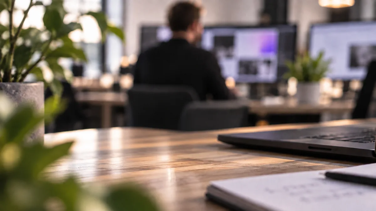 Werkplek met laptop, planten en beeldschermen op de achtergrond
