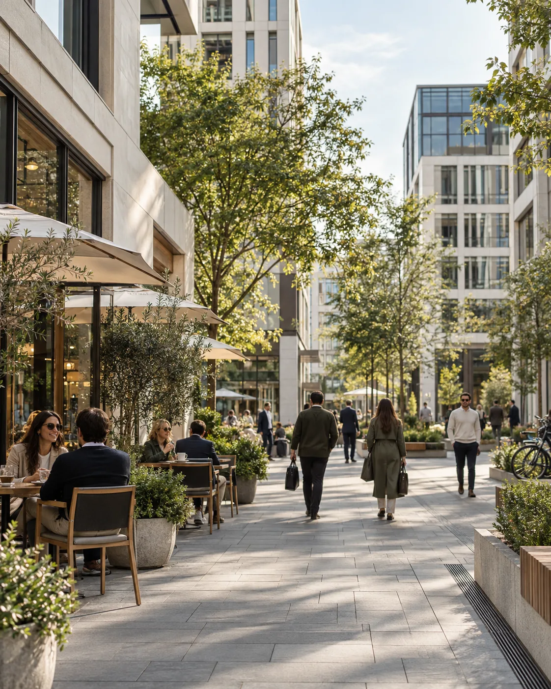 Voetgangers en een terras tussen moderne gebouwen in een Europese stadswijk.