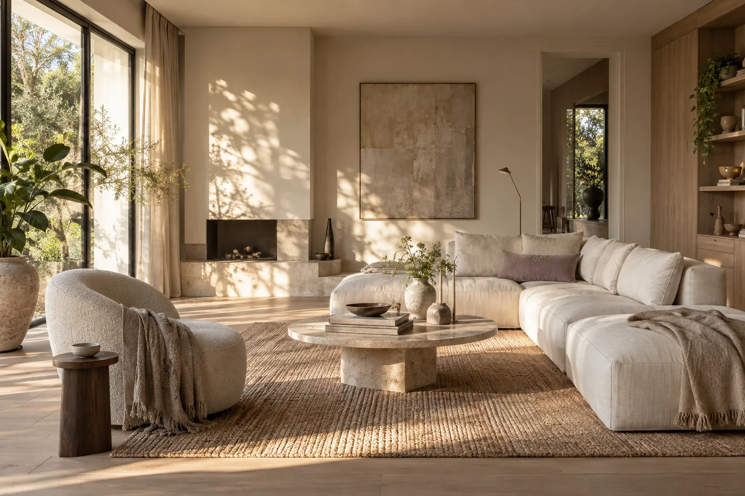 Een lichte woonkamer met een linnen bank, travertin tafel en natuurlijke materialen.