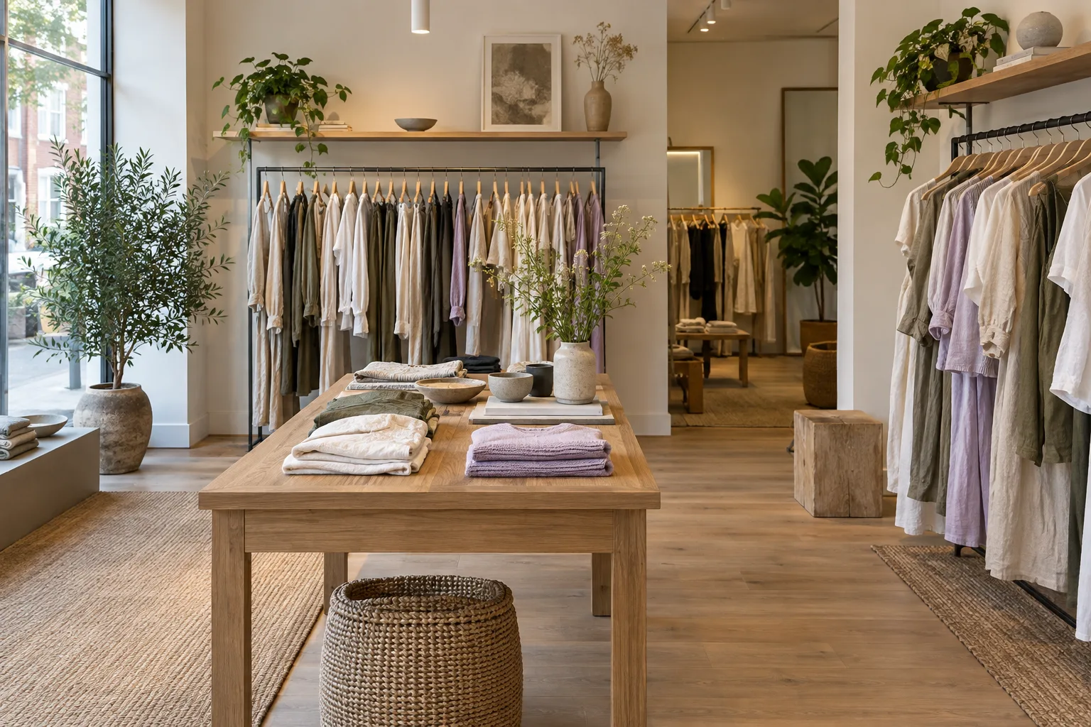 Een kledingwinkel met lichte kleding, houten presentatietafels en daglicht.