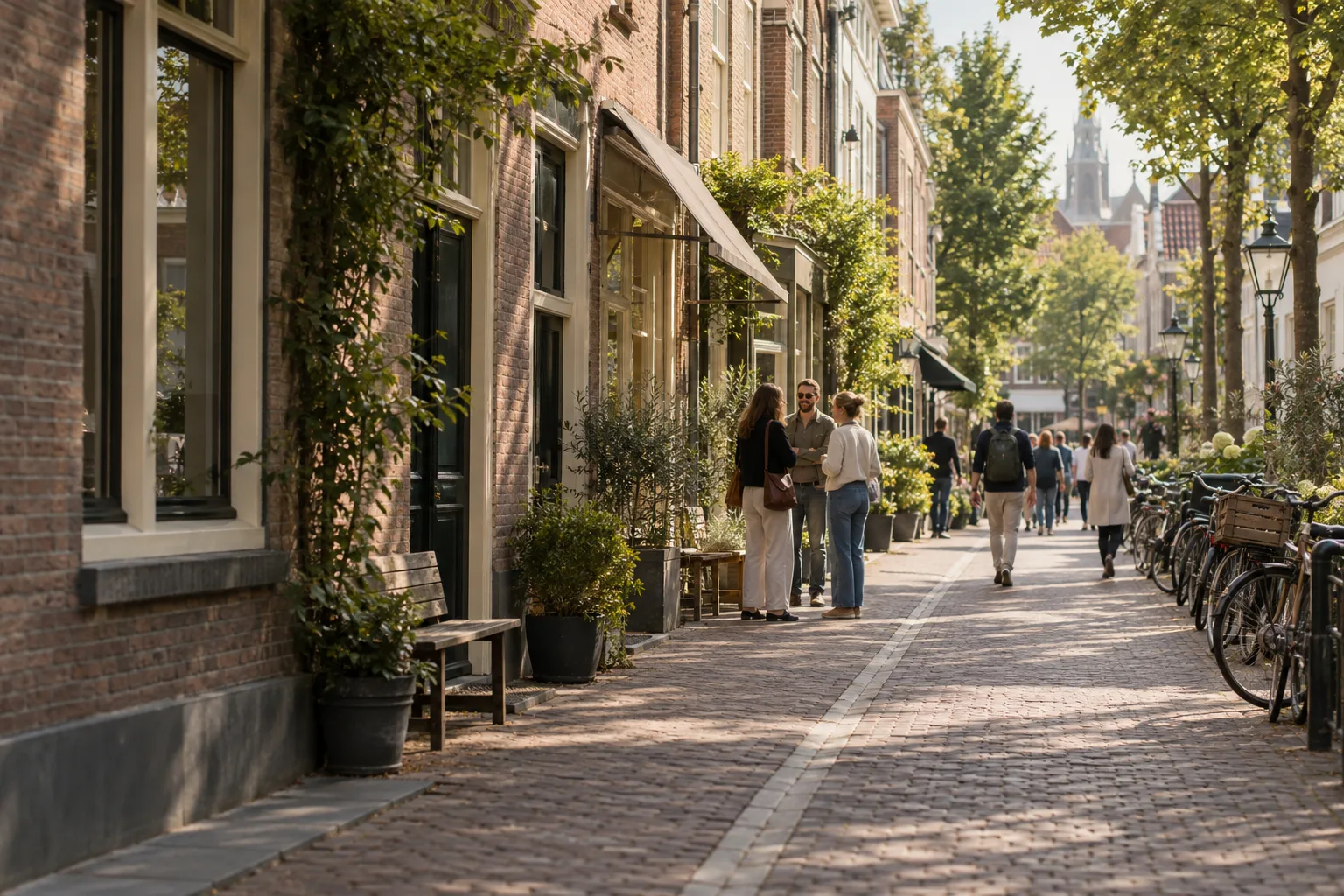Mensen ontmoeten elkaar in een Nederlandse straat met bakstenen gevels, bomen en fietsen.