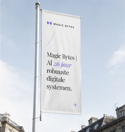 Magic Bytes-vlag met de boodschap: Al 26 jaar robuuste digitale systemen.
