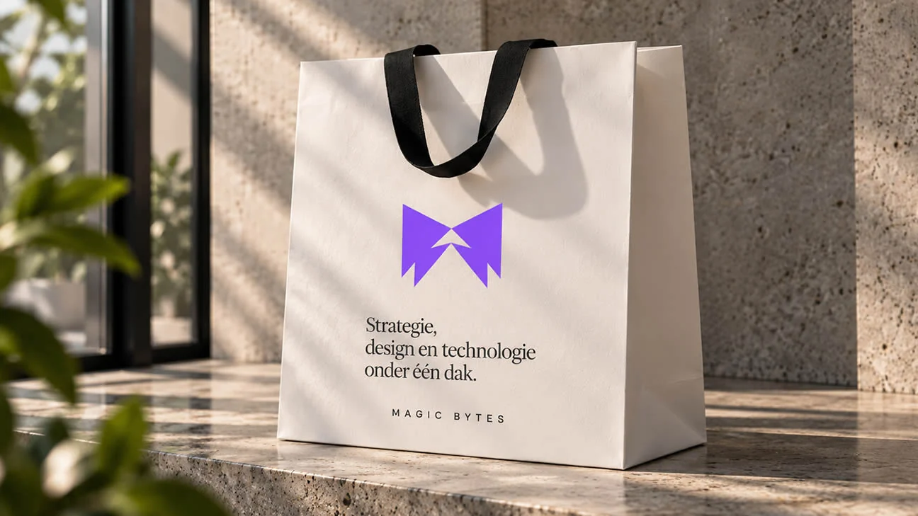 Draagtas met het paarse Magic Bytes-logo en de merkboodschap.