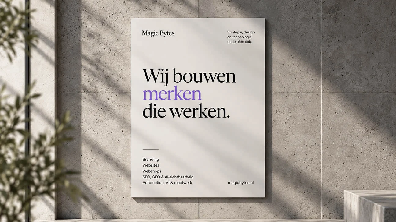 Magic Bytes-poster met de belofte Wij bouwen merken die werken en een overzicht van diensten.