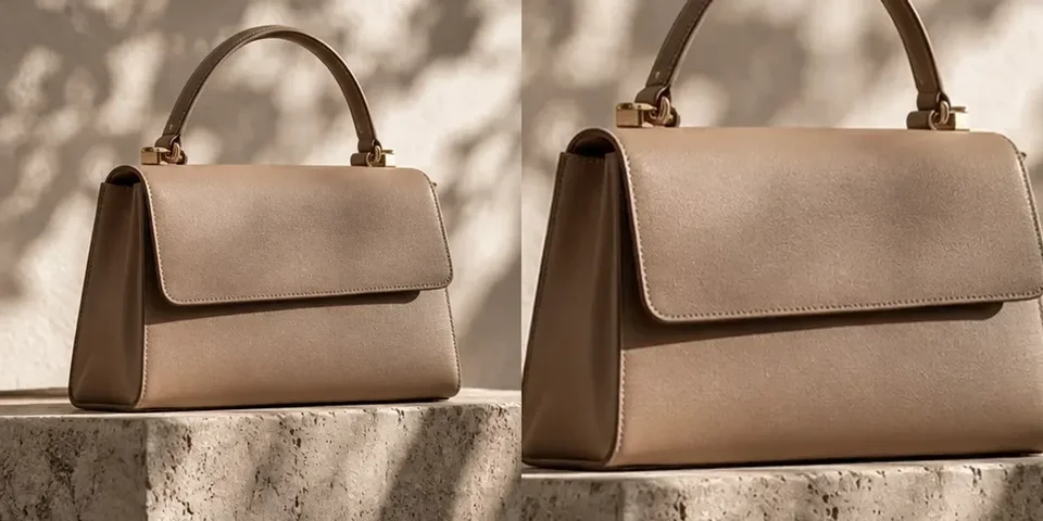 Taupekleurige handtas als vertrekpunt voor een fashionconfigurator.