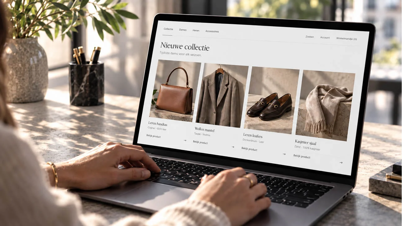 Een fashionwebshop met een collectie tassen, mantels, loafers en sjaals op een laptop.