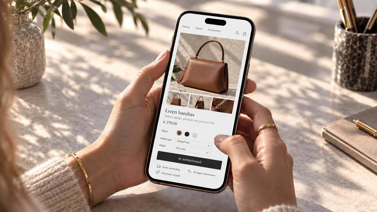 Een klant bekijkt een handtas en productopties in een fashionwebshop op een telefoon.