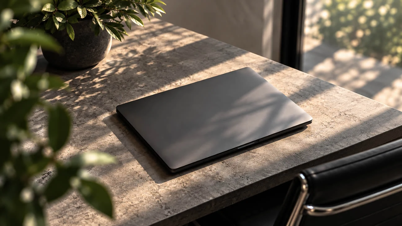 Gesloten laptop op een natuurstenen werktafel, met planten en zacht daglicht.