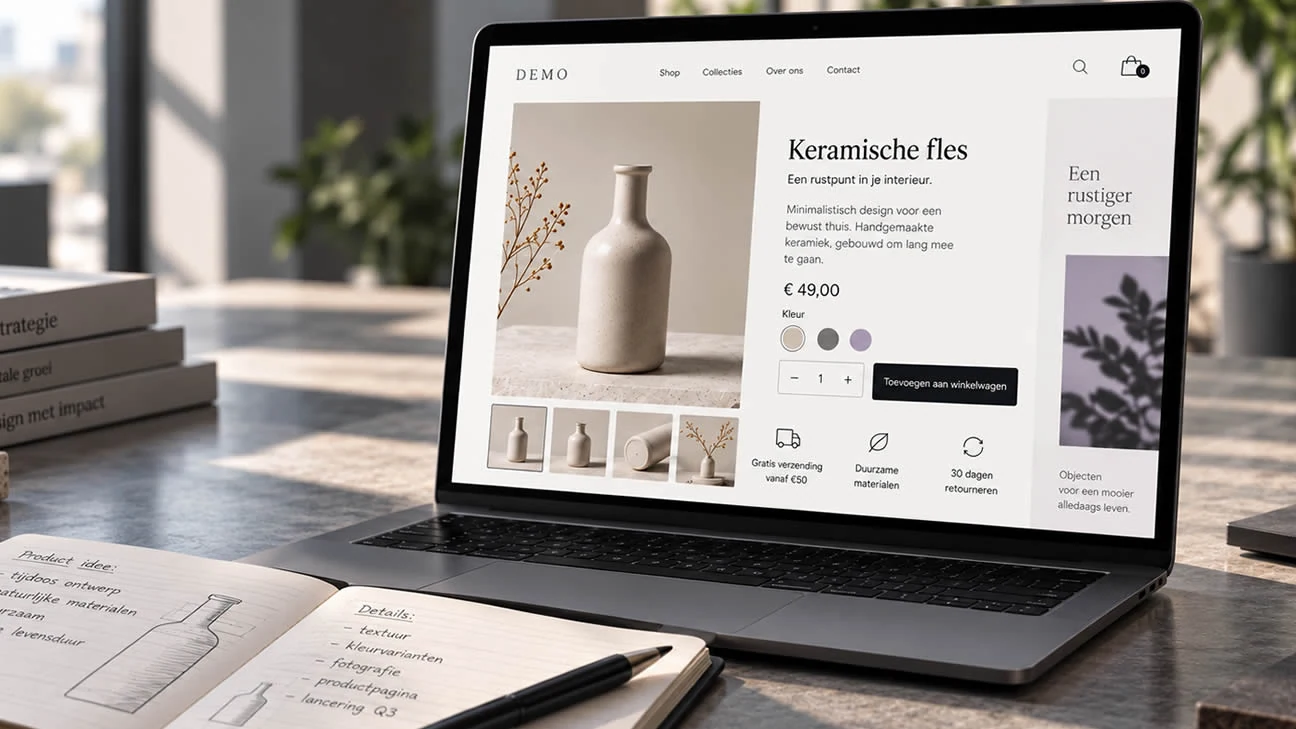 Voorbeeld van een productpagina met keramiek, fotografie, kleurkeuze en een duidelijke bestelactie.