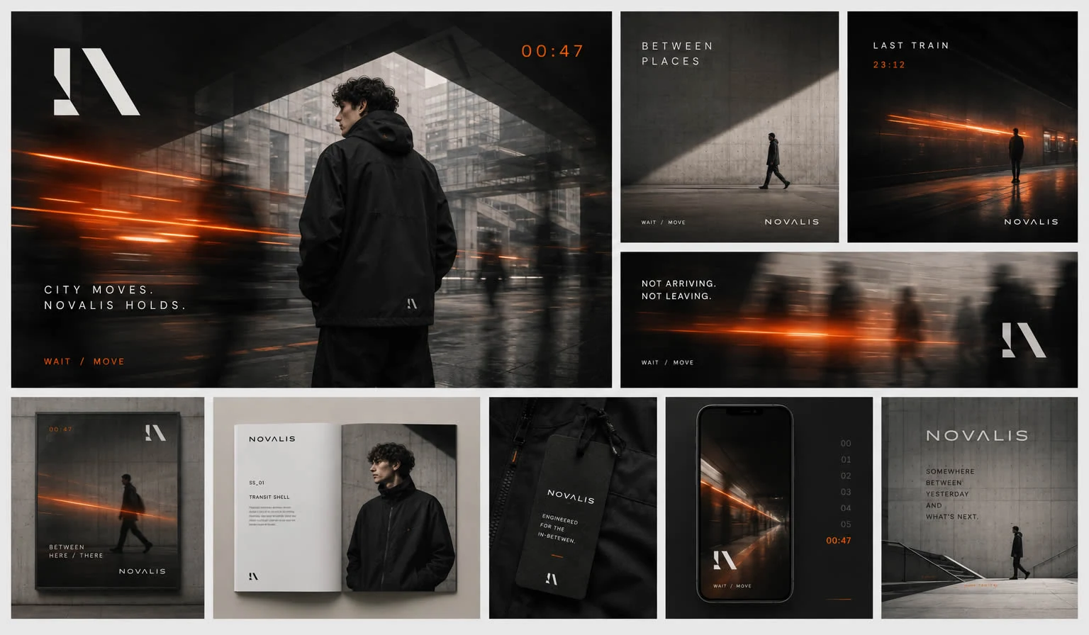 Donkere NOVALIS-campagnecollage met modefotografie, oranje lichtsporen, posters, lookbook, kledinglabel en mobiele toepassing.