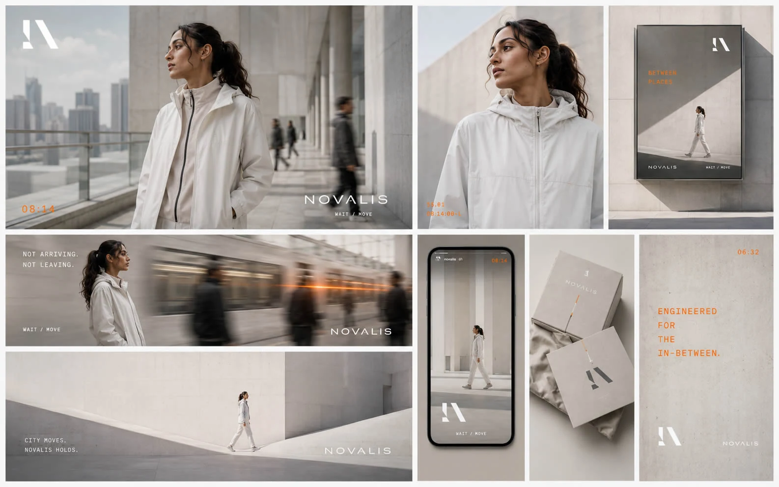 Lichte NOVALIS-campagnecollage met witte kleding, architectuur, posters, mobiele toepassing en verpakking.