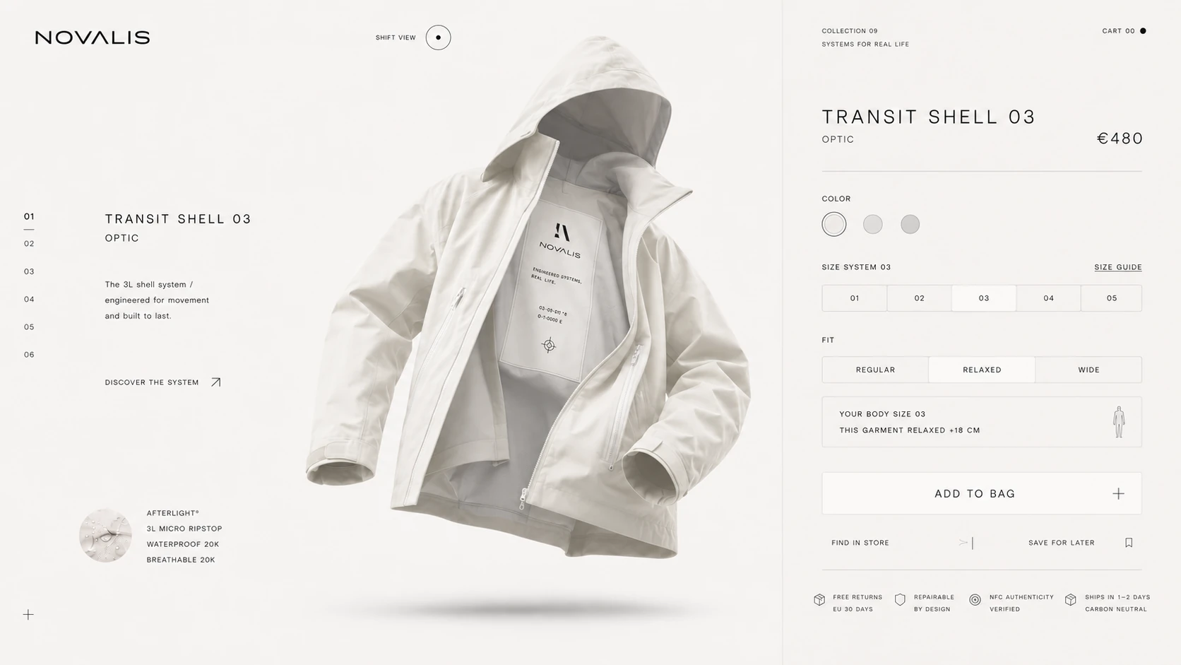 NOVALIS-webshop: Transit Shell 03, productbeeld en functionele productkeuzes.
