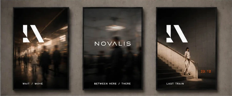 NOVALIS-campagneserie met zwart, lichte neutraltinten en warme Afterlight-accenten.