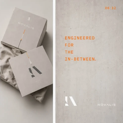 NOVALIS-beeldrichtlijnen toegepast op verpakking en typografische campagne.