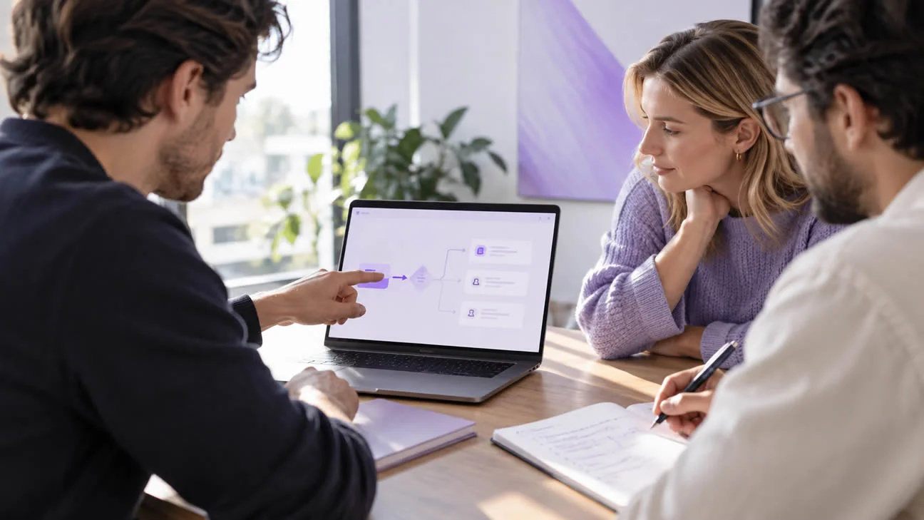 Drie mensen bespreken een werkproces met vertakkingen op een laptop.