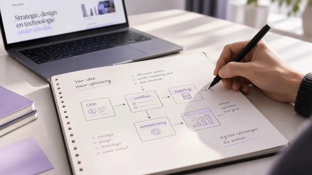Een hand tekent de samenhang tussen CRM, workflow, koppelingen en automatisering op papier.