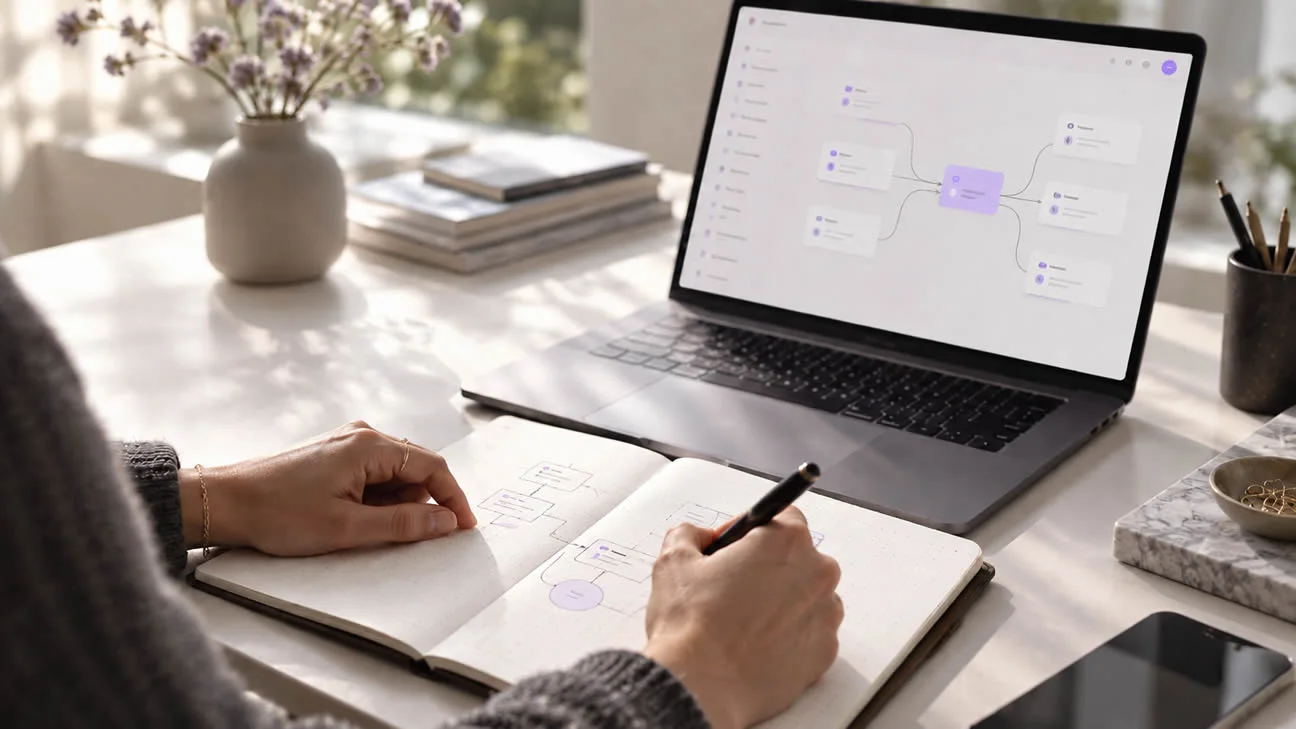 Een workflow wordt uitgewerkt in een notitieboek naast een procesdiagram op een laptop.