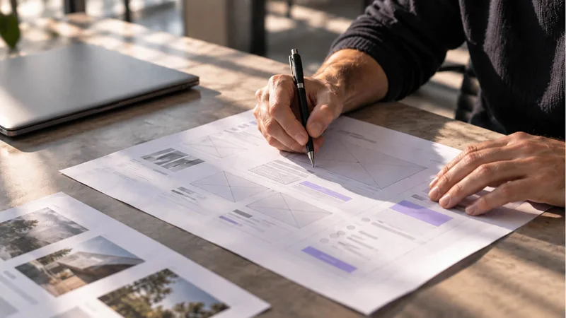 Een ontwerper werkt websitewireframes uit op papier, met paarse accenten.