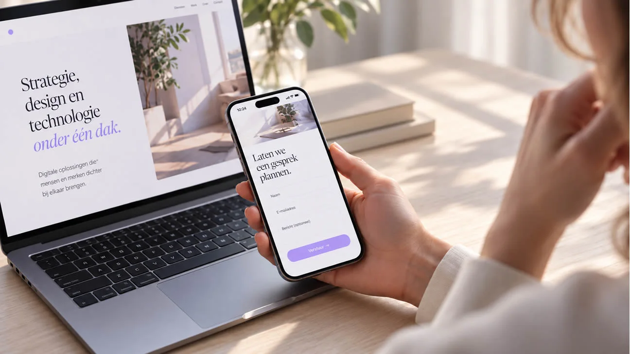 Een bezoeker bekijkt een contactformulier op een smartphone naast een laptop.