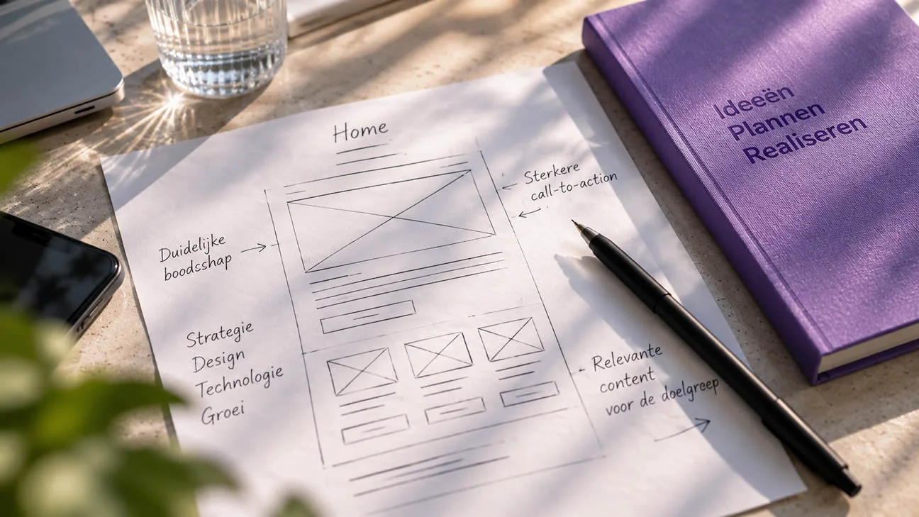 Een websiteschets met aandacht voor de boodschap, call-to-action en relevante content.