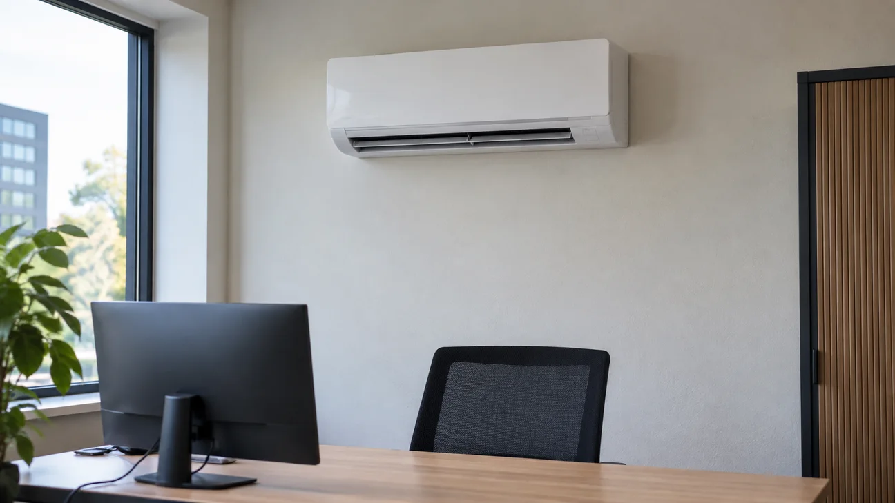 Een witte airco-unit aan de wand boven een houten bureau in een lichte kantoorruimte.