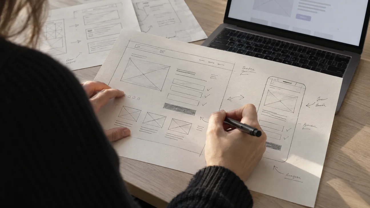Een ontwerper controleert papieren wireframes voor de desktop- en mobiele landingspagina.