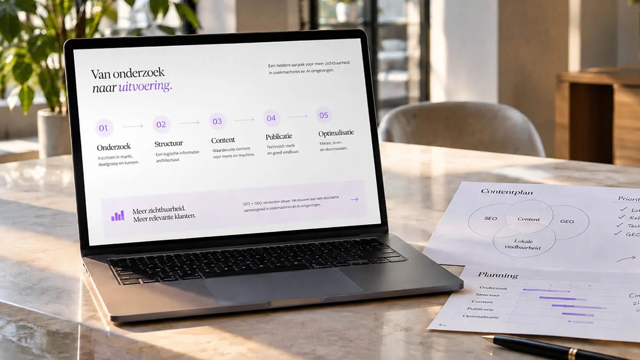 Een laptop met de stappen van onderzoek naar uitvoering, naast een contentplan en planning.