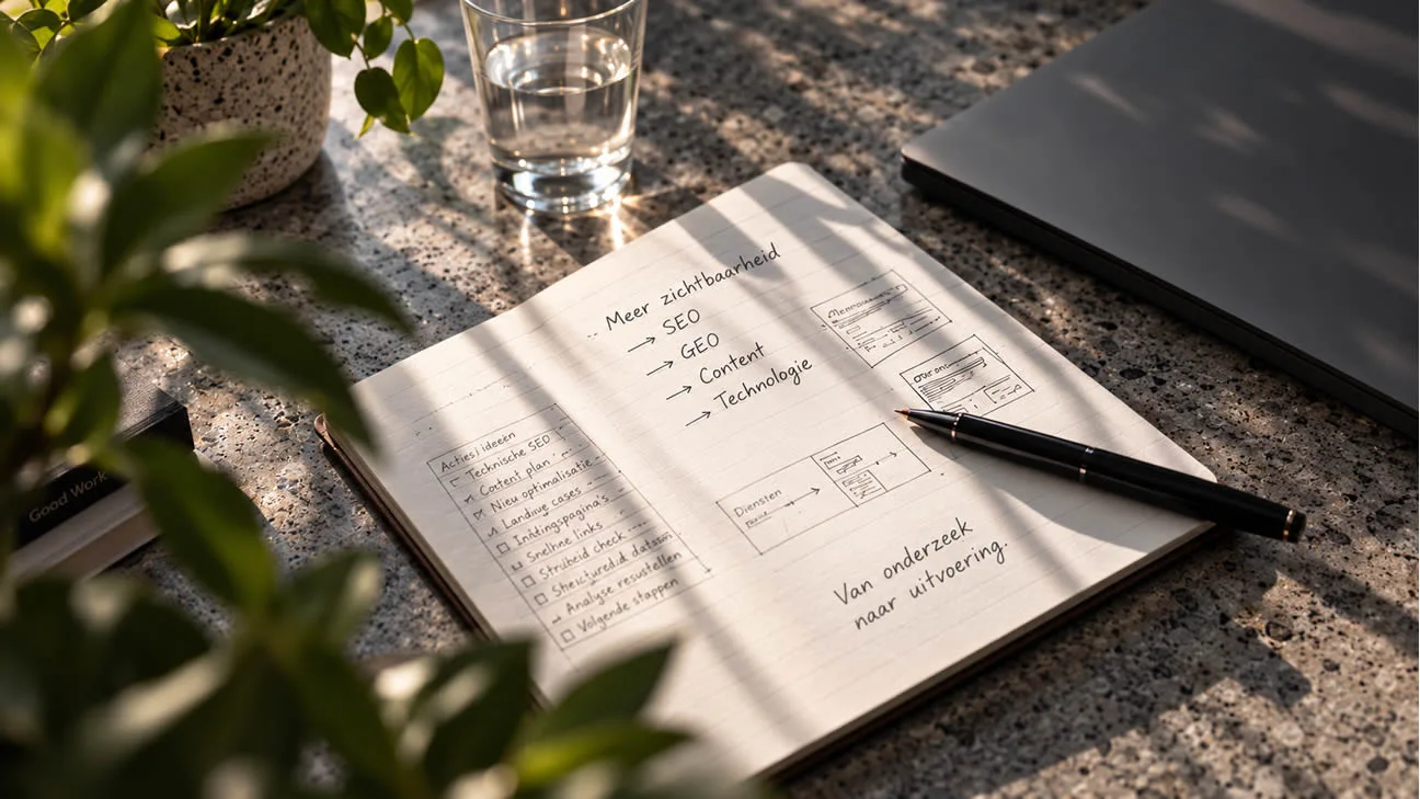 Een notitieboek met een samenhangend plan voor SEO, GEO, content en technologie.