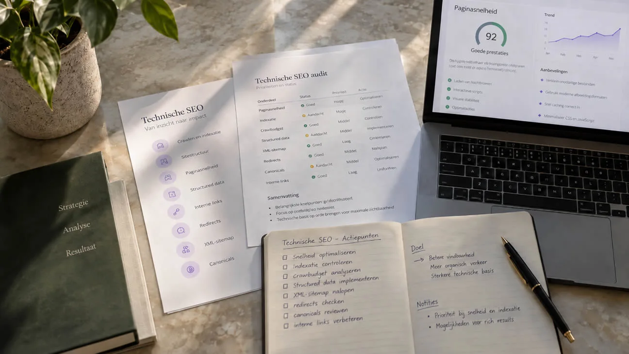 Een technisch SEO-auditrapport en actiepunten op papier naast een laptop met een performanceoverzicht.