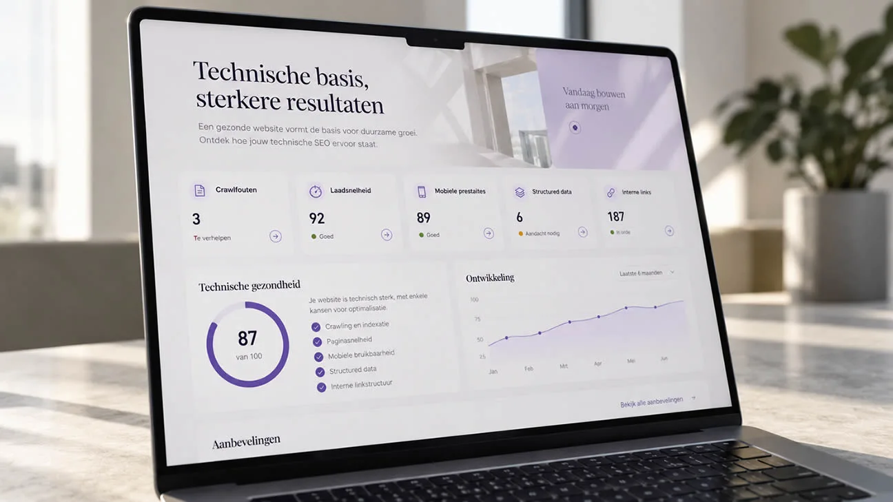 Een laptop met een illustratief technisch SEO-overzicht van crawling, snelheid, mobiel gebruik en structured data.