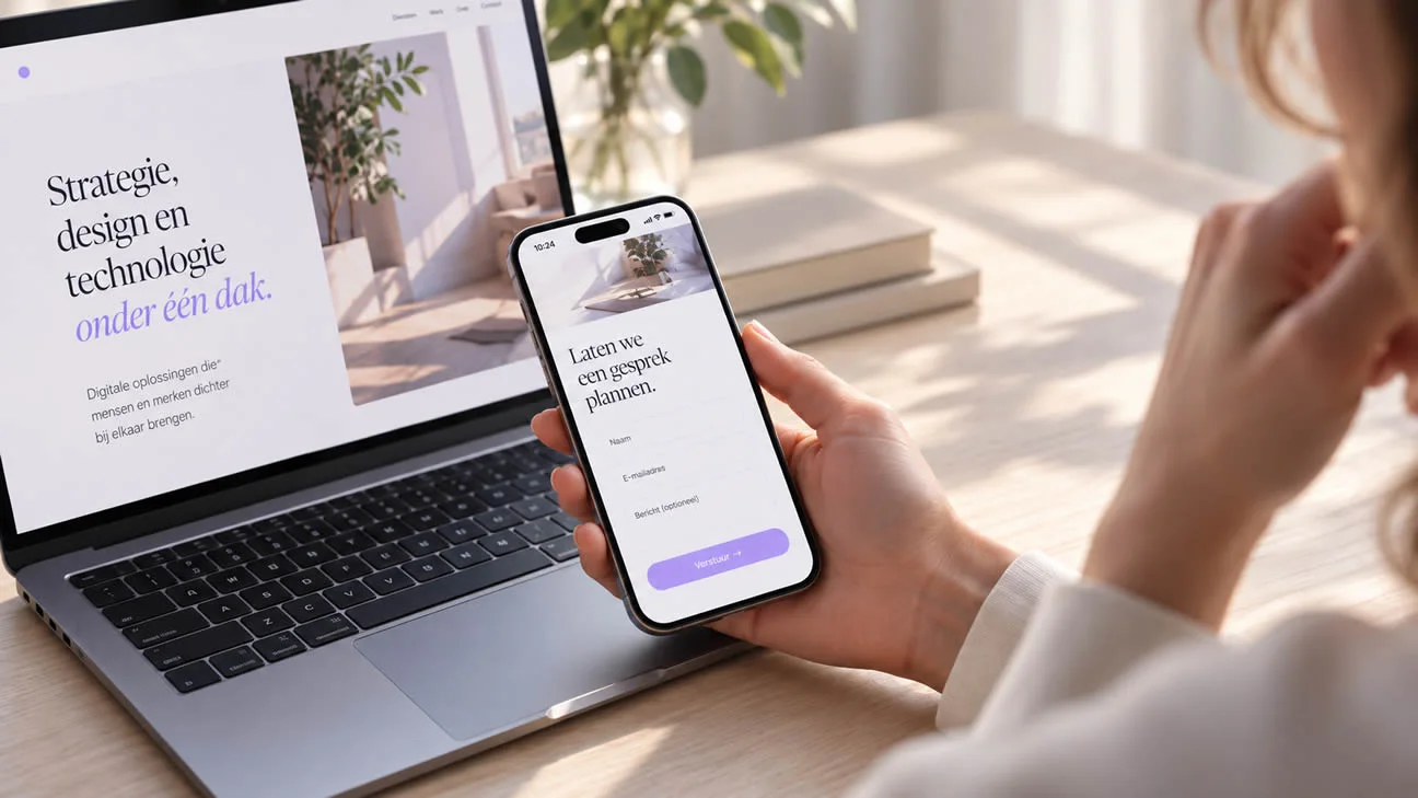 Een bezoeker bekijkt een contactformulier op een smartphone naast een laptop.