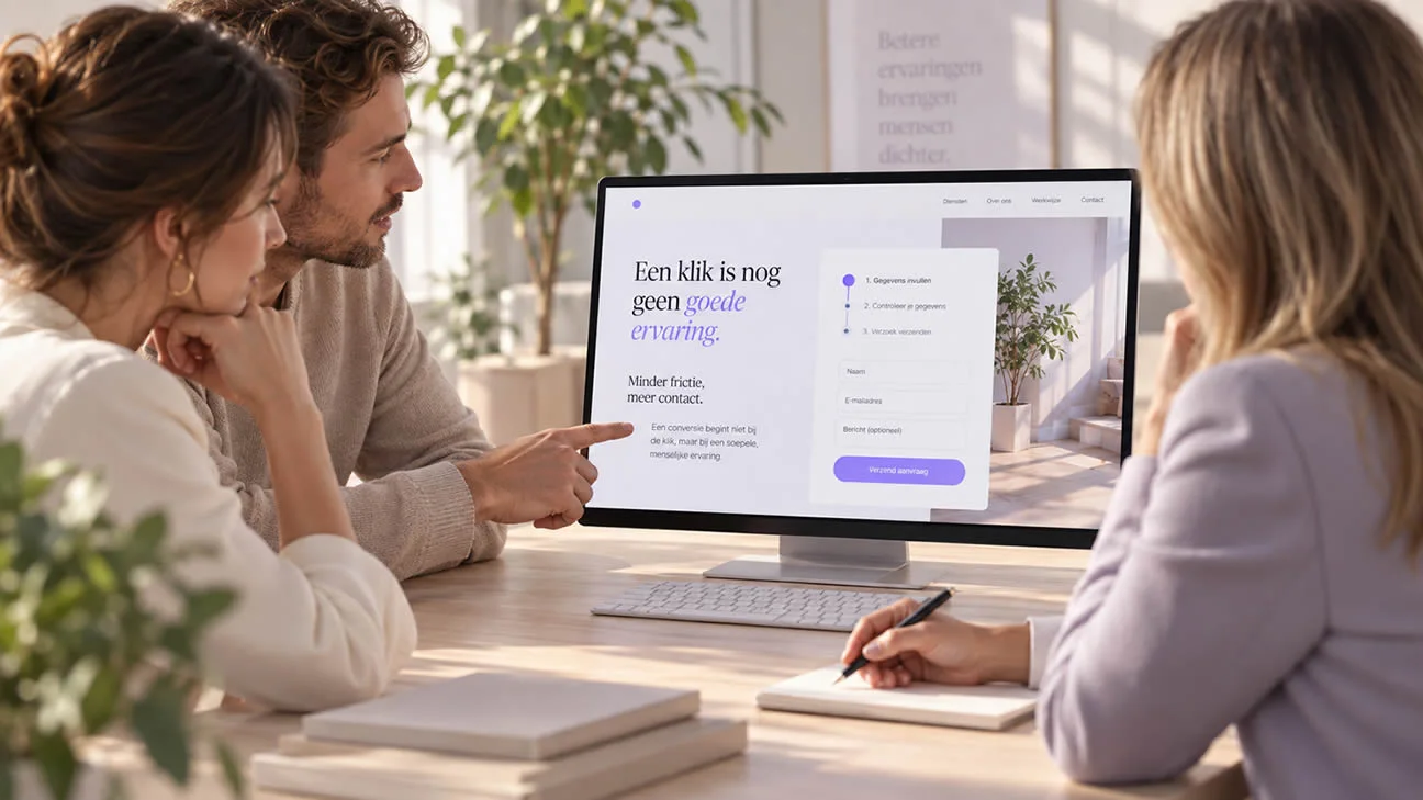 Drie mensen beoordelen samen een website op een beeldscherm in een lichte werkruimte.