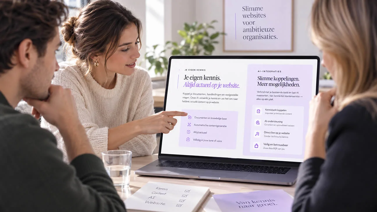 Mensen bespreken een voorbeeldwebsite over eigen kennis en AI-koppelingen; illustratieve fotografie.