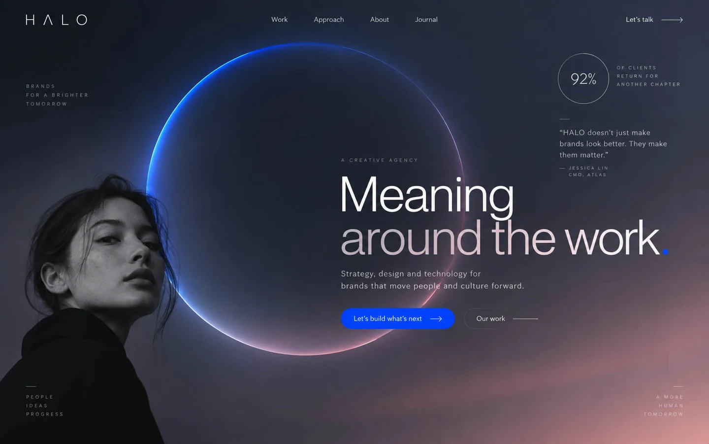 Ontwerpvoorbeeld: Halo — donkere hero met lichtcirkel en portret