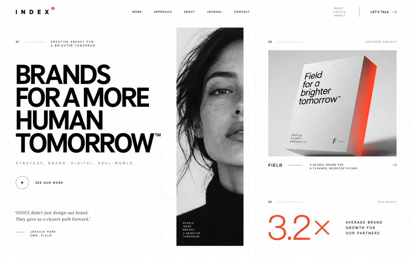 Ontwerpvoorbeeld: Index — editorial hero met typografie, portret en projectbeeld