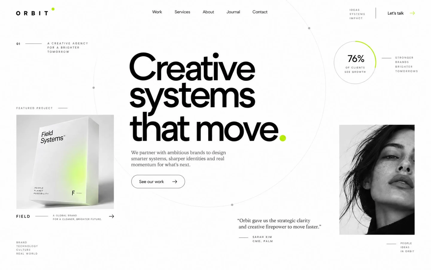 Ontwerpvoorbeeld: Orbit — lichte hero met cirkelcompositie en projectbeeld