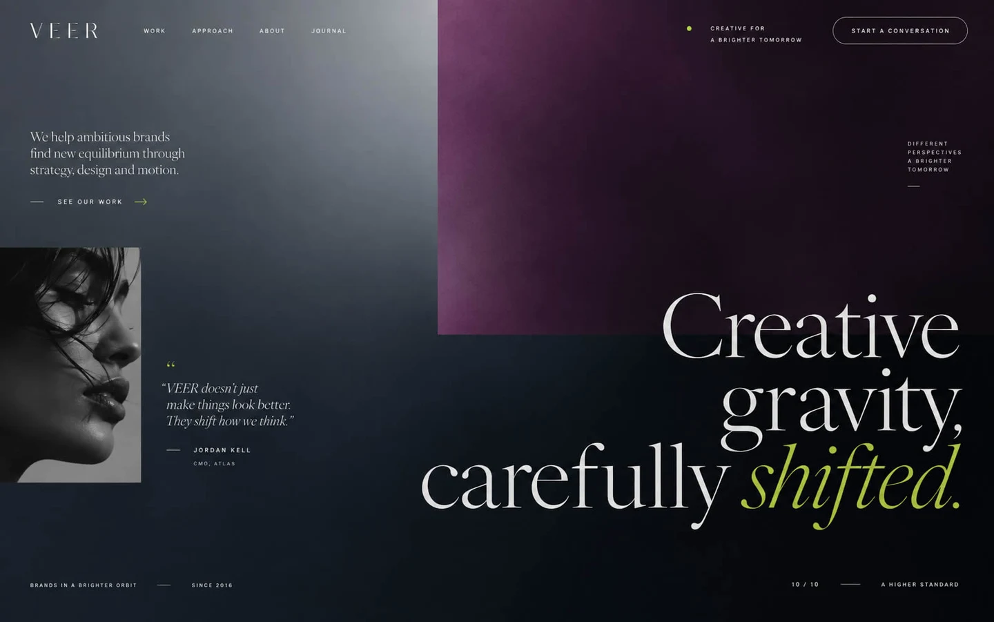 Ontwerpvoorbeeld: Veer — asymmetrische donkere hero met grote seriftypografie