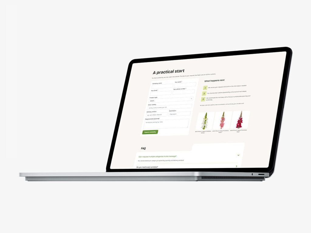 Contactpagina van Ersoy Agro Group op een laptop; voorbeeld van gerealiseerd webdesign.