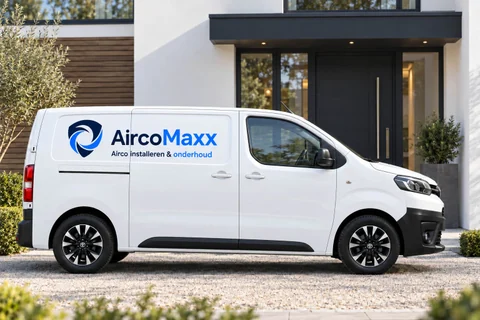 Mockup van een witte bedrijfswagen met het AircoMaxx-logo en de regel Airco installeren & onderhoud.