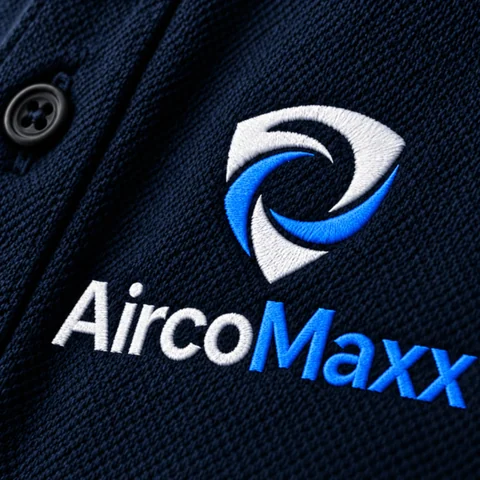 Detailmockup van het wit-blauwe AircoMaxx-beeldmerk en woordmerk op donkerblauw textiel.