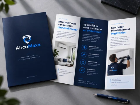 Mockup van een AircoMaxx-folder in donkerblauw, wit en helderblauw met de slogan Landelijk vakwerk. Persoonlijk geregeld.