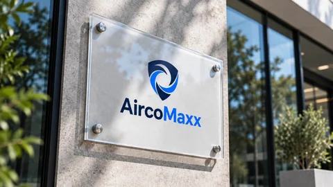 Mockup van het AircoMaxx-logo op een transparante gevelplaat.