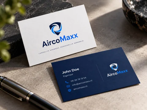 Mockup van een wit en donkerblauw AircoMaxx-visitekaartje met voorbeeldgegevens.