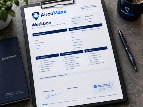 Mockup van een AircoMaxx-werkbon met donkerblauwe rubrieken, blauwe accenten en ingevulde voorbeeldvelden.
