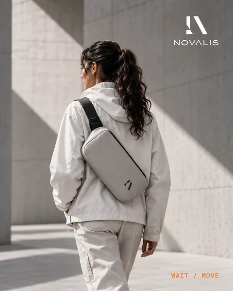 Licht kledingensemble met crossbodytas in een stedelijke omgeving