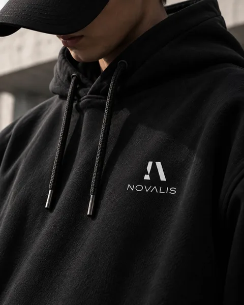 Compacte plaatsing van het merk op een zwarte hoodie