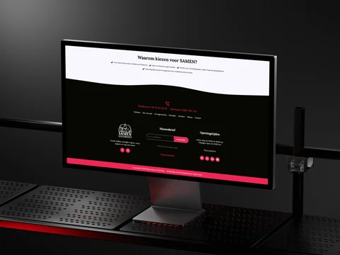 Desktopmonitor met de footer, contactgegevens en nieuwsbrief van SAMEN Eten & Drinken.