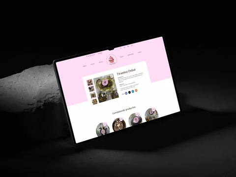 Tablet met de productpagina van Tiramisu Dubai, productbeelden en gerelateerde desserts.