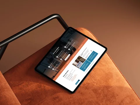 Tablet op een oranje fauteuil met de werkwijze en diensten van Woningopfrisser.
