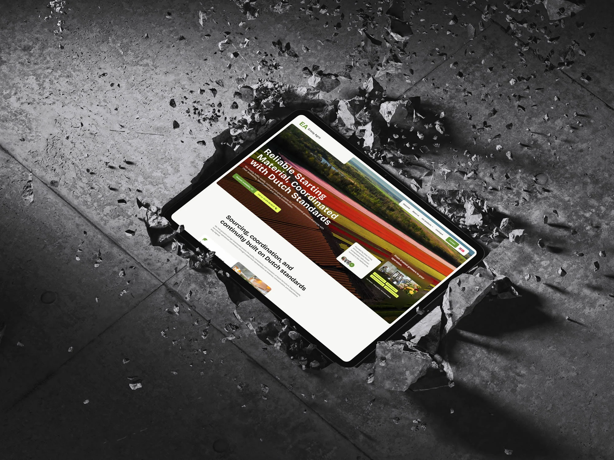 Liggende tablet tussen beton met de Ersoy Agro-homepage en het aanbod voor professionele kwekers.